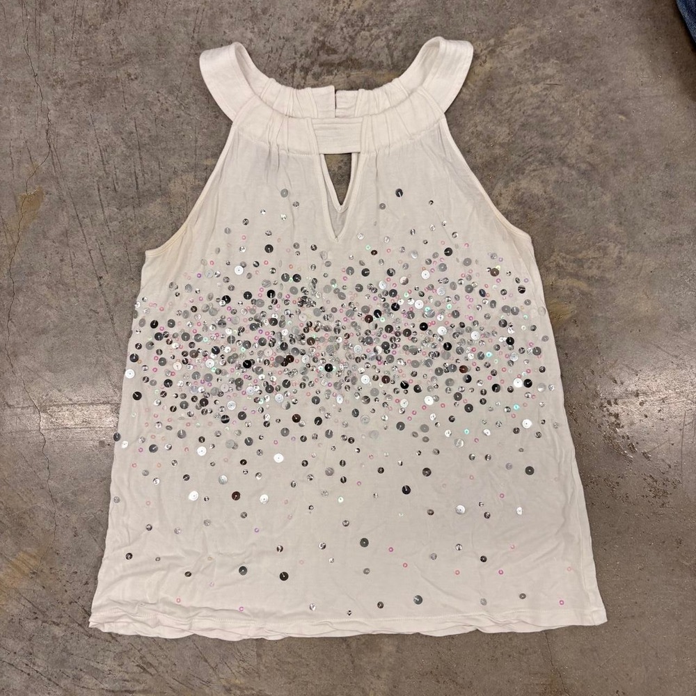 INC International Concepts White Sequin Rhinestone Halter Top Keyhole Y2K Large